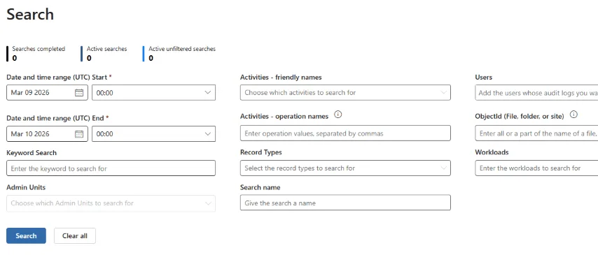 Microsoft Purview compliance centre audit log search screen 