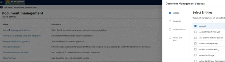 Document management settings showing the entity selection list with checkboxes for Account, Contact, Opportunity, etc., and the SharePoint site URL field