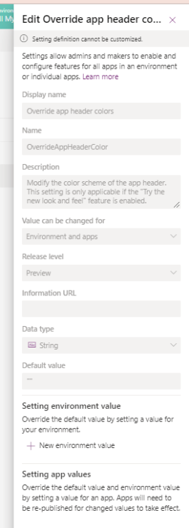 Edit Override app header color properties pane