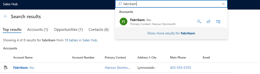 Dynamics search result example for accounts