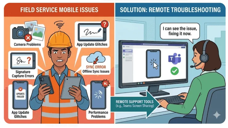 Image showing the issues that Field engineers face and the remote support with Dynamics 365 Field Service which can help