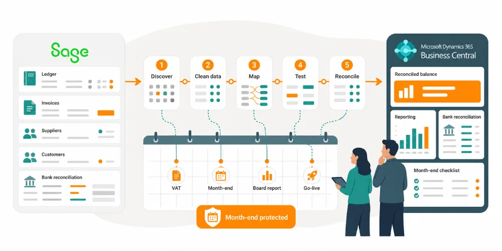 Flat illustration showing Sage data moving through a controlled migration plan into Dynamics 365 Business Central.